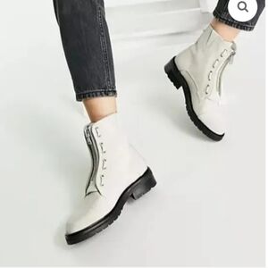 All Saints Ariel Front Zip Leather Combat Cream Boots Size 10